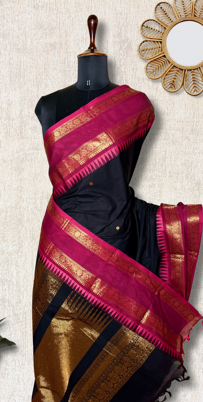 Kanchi Cotton Saree - Smoky Black  + Mulberry Pink