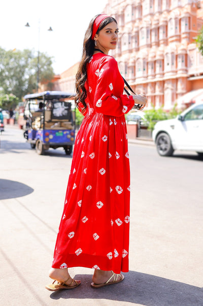EXP - Red Bandhani Modal Satin Maxi Dress