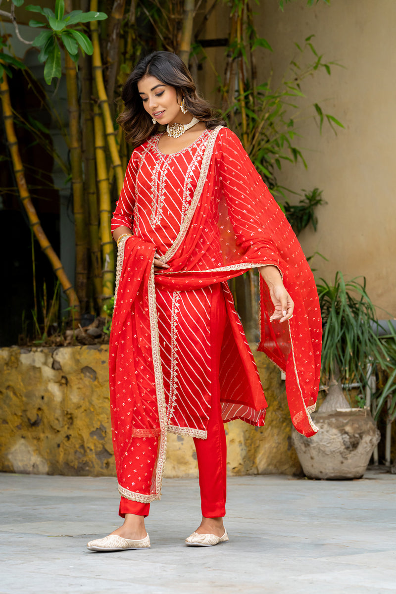 Red Multi Lehariya Kurta Set