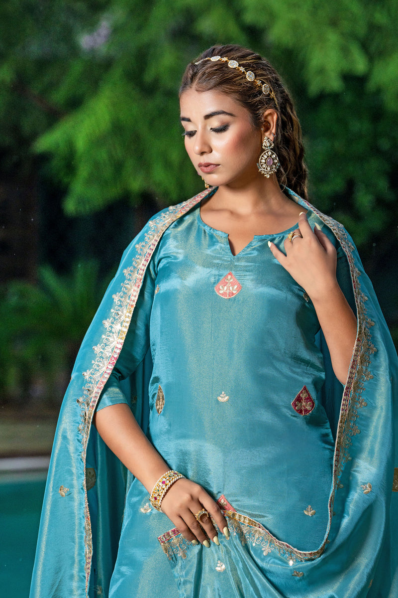 Turquoise Tissue Embroidery Kurta Set