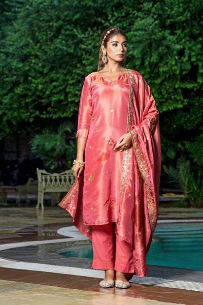 Pastel Red Tissue Embroidery Kurta Set