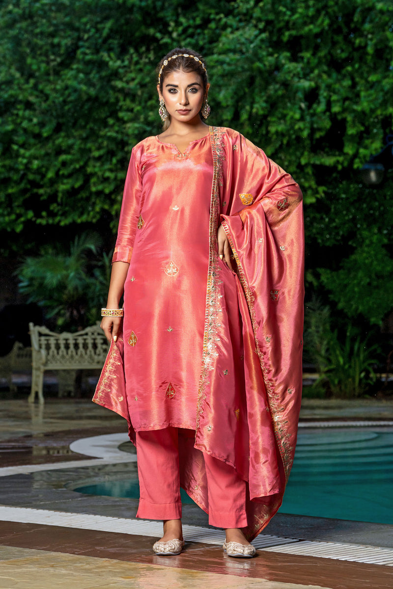 Pastel Red Tissue Embroidery Kurta Set