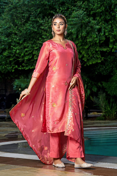 Pastel Red Tissue Embroidery Kurta Set