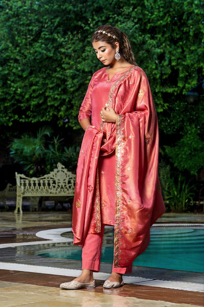 Pastel Red Tissue Embroidery Kurta Set