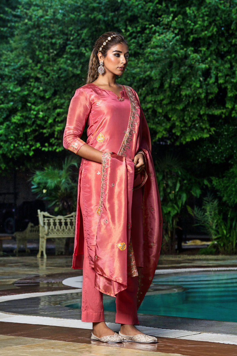 Pastel Red Tissue Embroidery Kurta Set