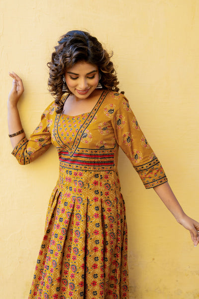 Mustard Floral Box Pleat Dress