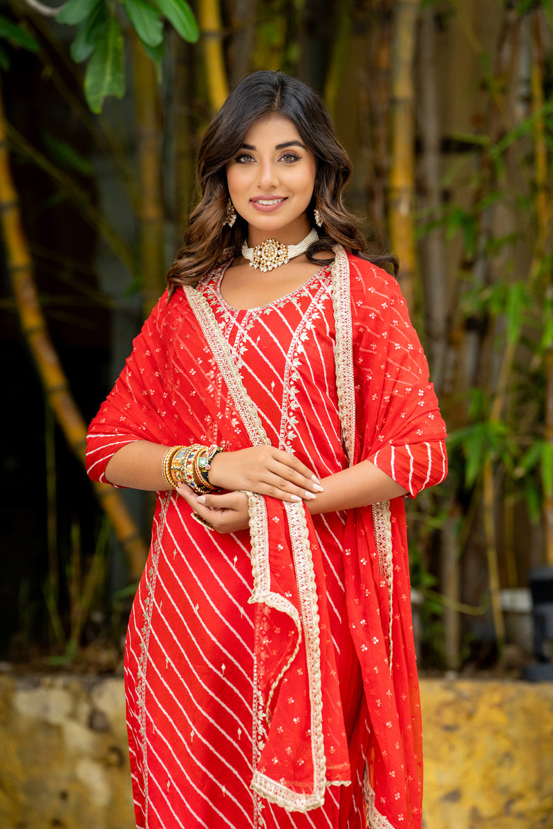 Red Multi Lehariya Kurta Set