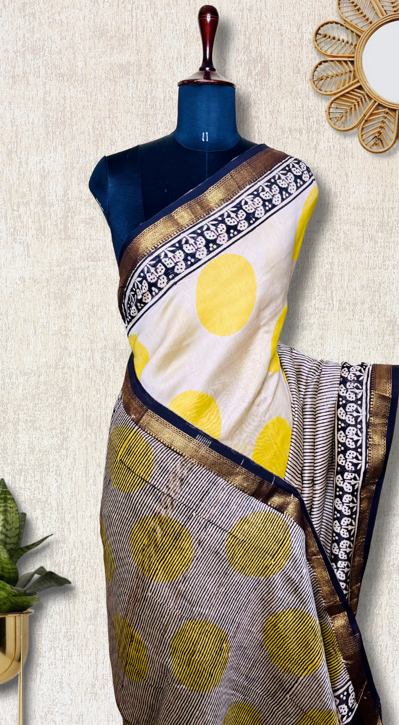 Handblock Printed Silk Cotton Saree -  Vista Cream + Corn Yellow