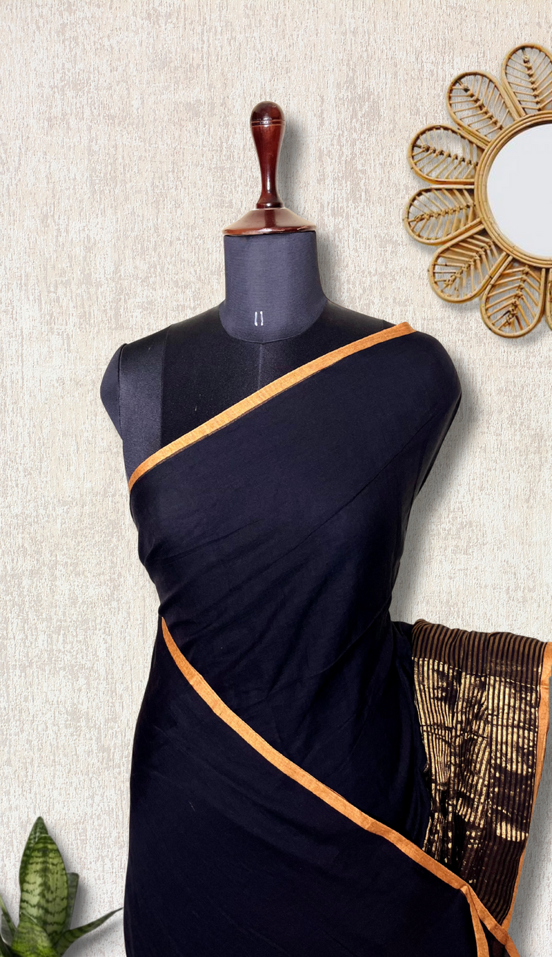 Handwoven Cotton Saree -  Charcoal Black + Gold