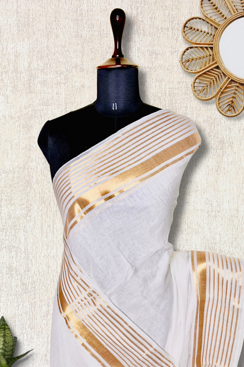 Handwoven Cotton Saree - White + Shimmer Gold