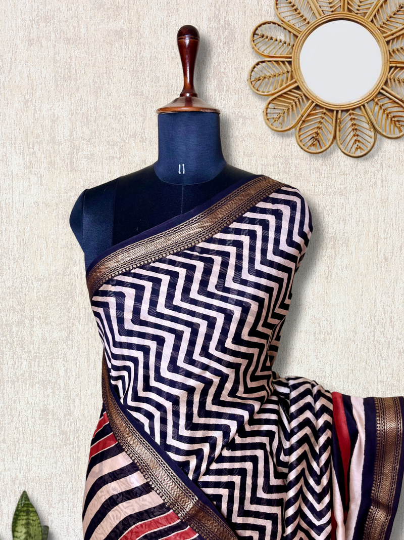 Handblock Printed Silk Cotton Saree - Pearl Black + Soft Peach
