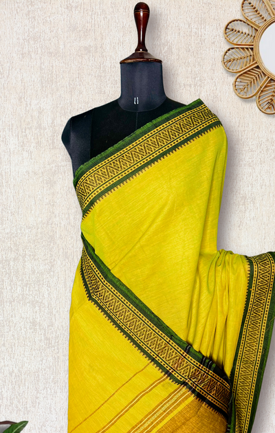 Handwoven Cotton Saree - Lime Green + Thatch Green