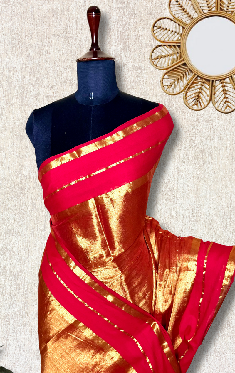 Handwoven Cotton Saree - Crimson Red+ Shimmer Gold