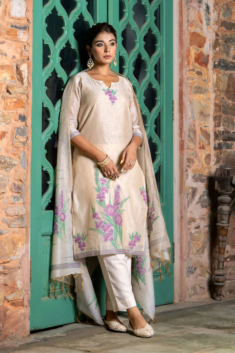 Light Beige Purple Buta Kurta Set