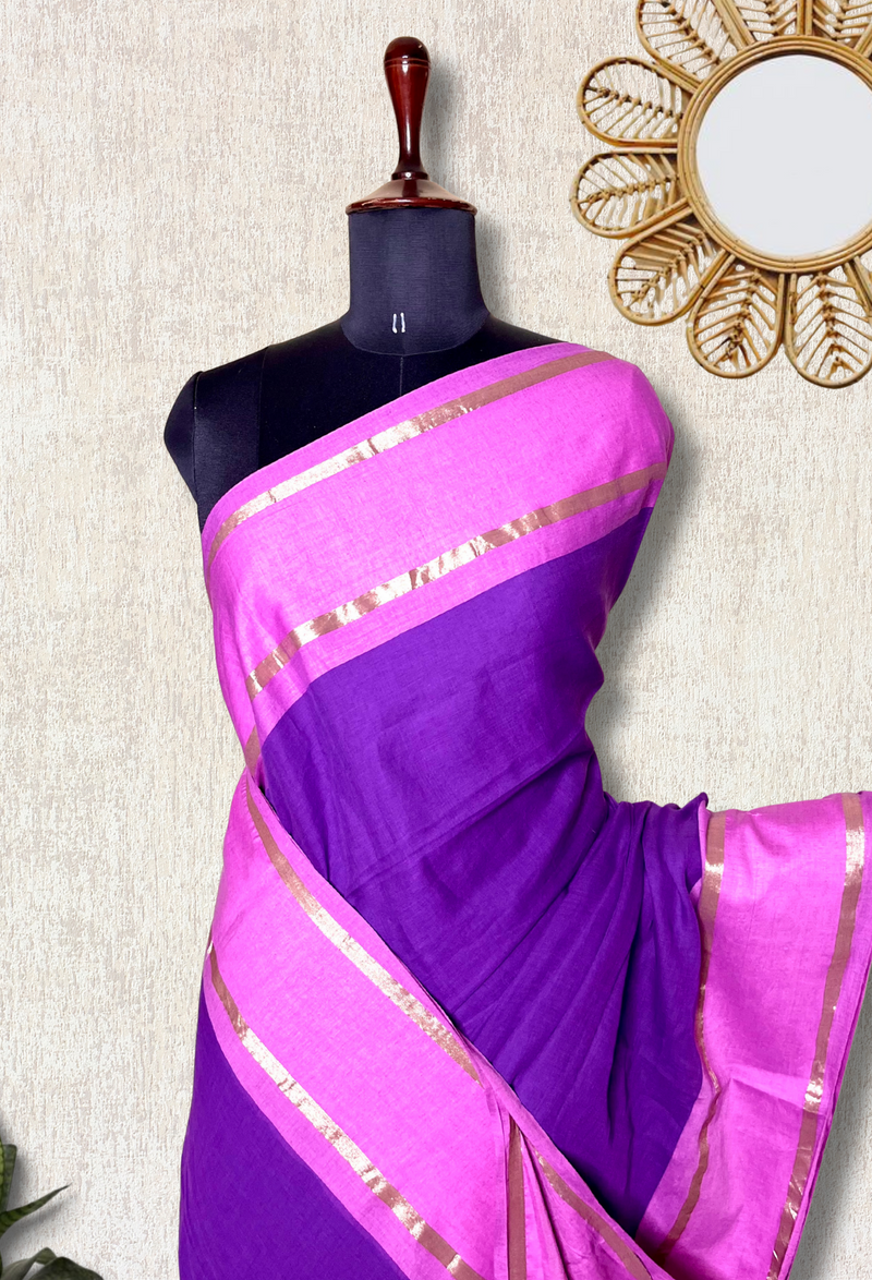 Handwoven Cotton Saree - Electric Violet + Flamingo Pink