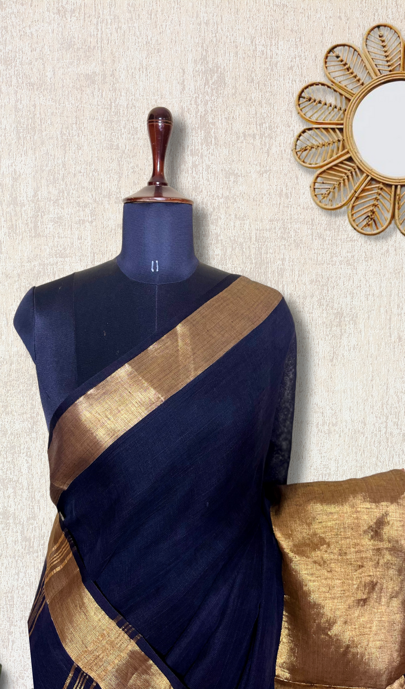 Handwoven Linen Saree - Russian Black + Gold