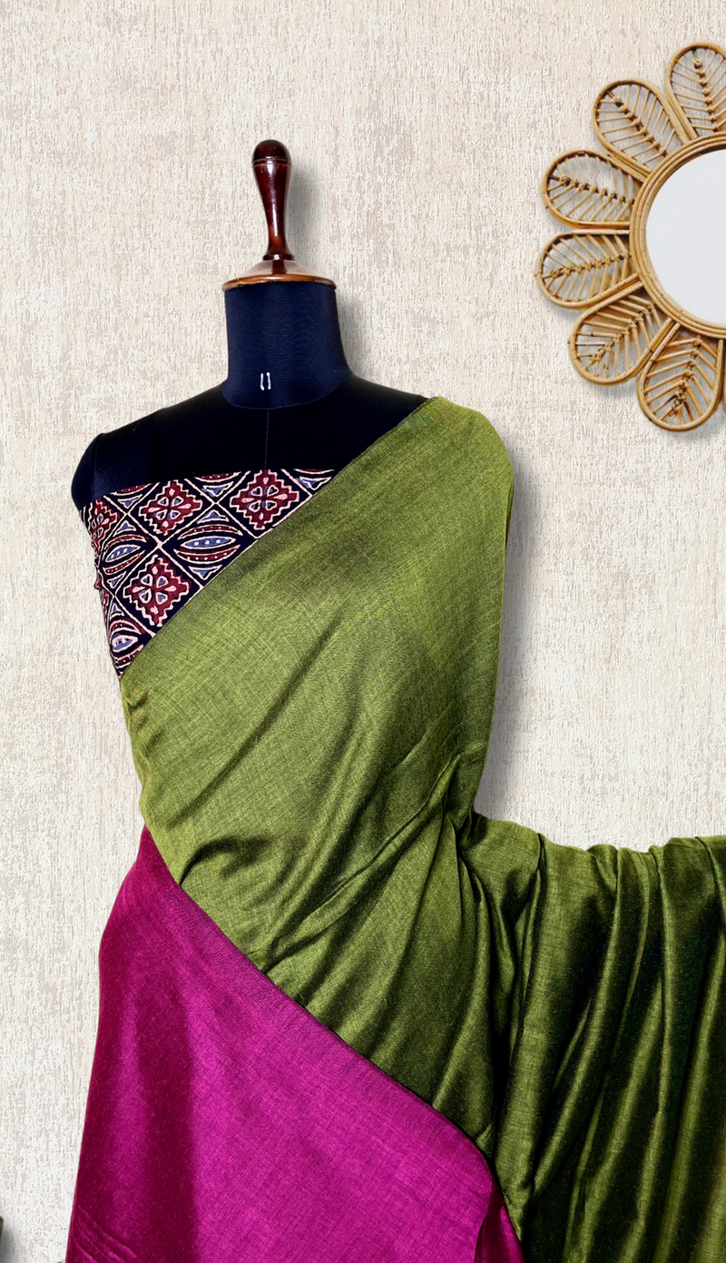 Khadi Cotton Saree - Olive Green+ Mulberry Pink