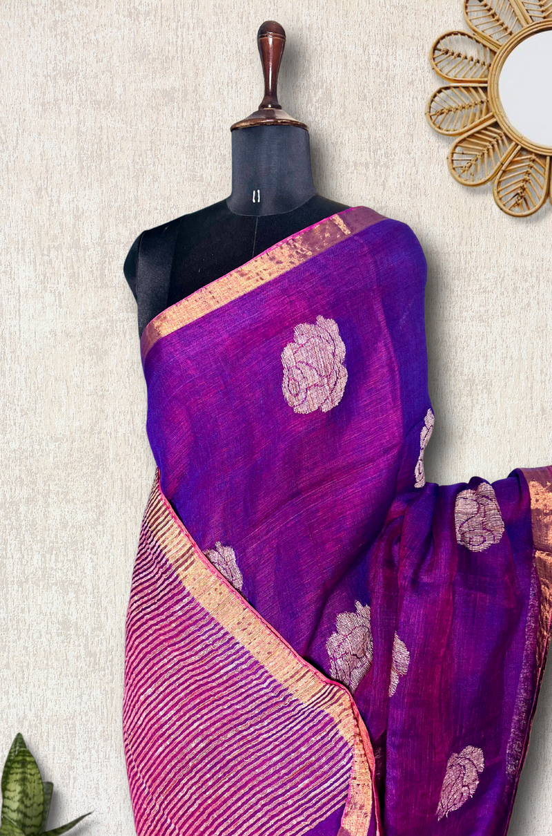 Handwoven Linen Saree - Disco Violet + Zari