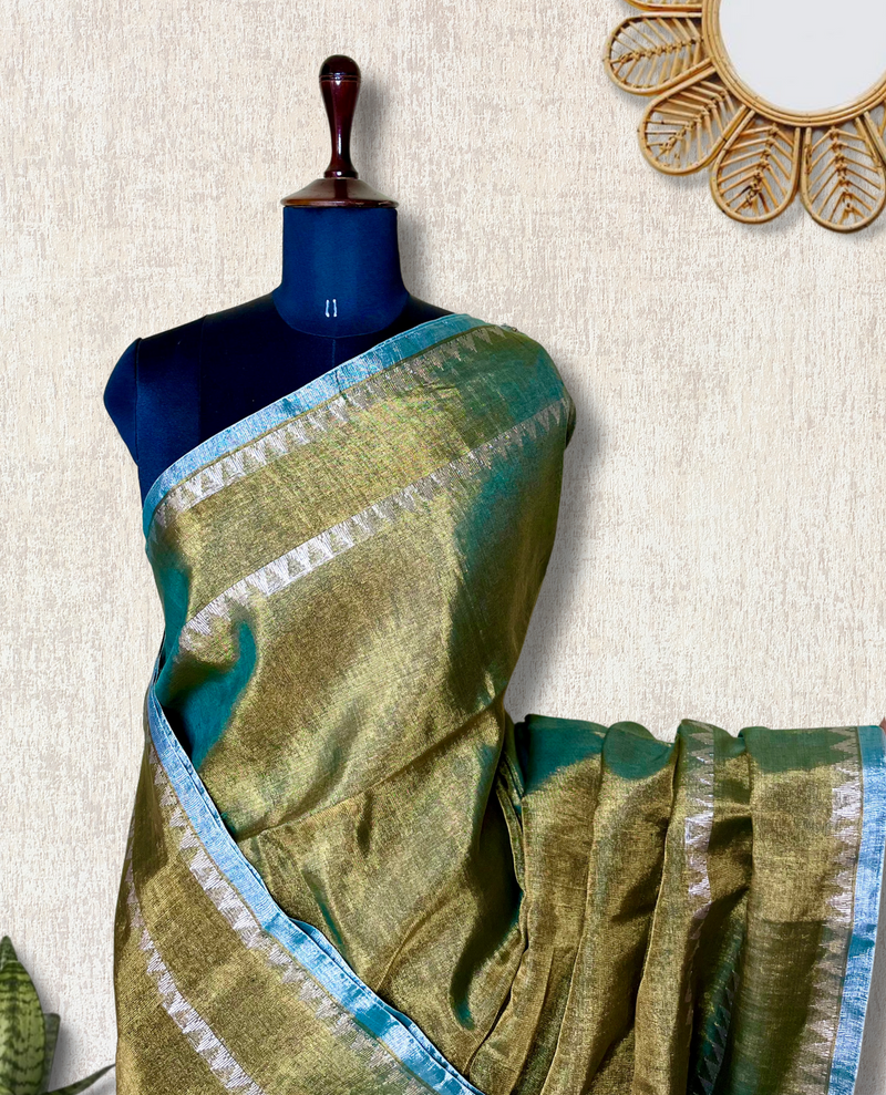 Handwoven Metallic Linen Tissue Saree - Olive Green + Gold