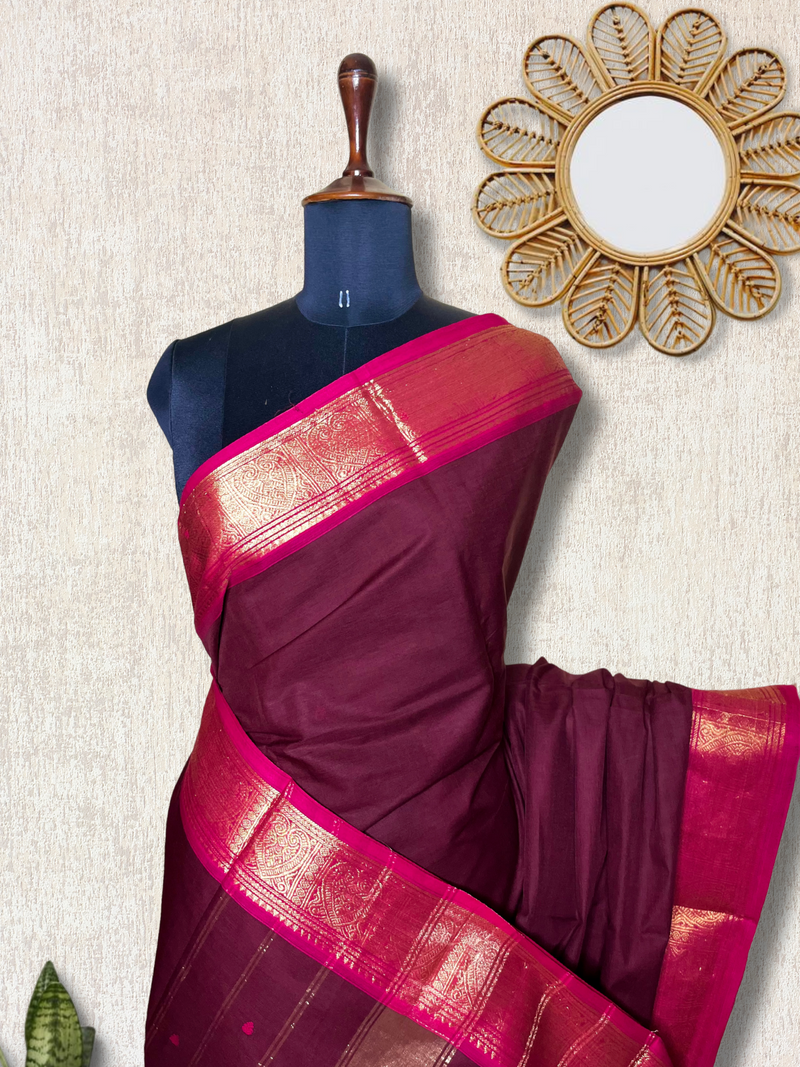 Chettinad Cotton Saree - Deep Brown + Brilliant Rose