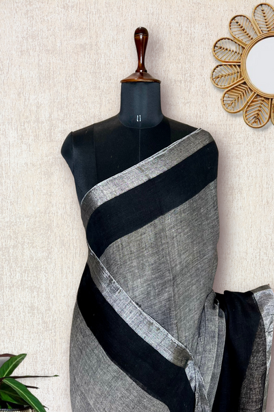 Handwoven Linen Saree - Gray + Black