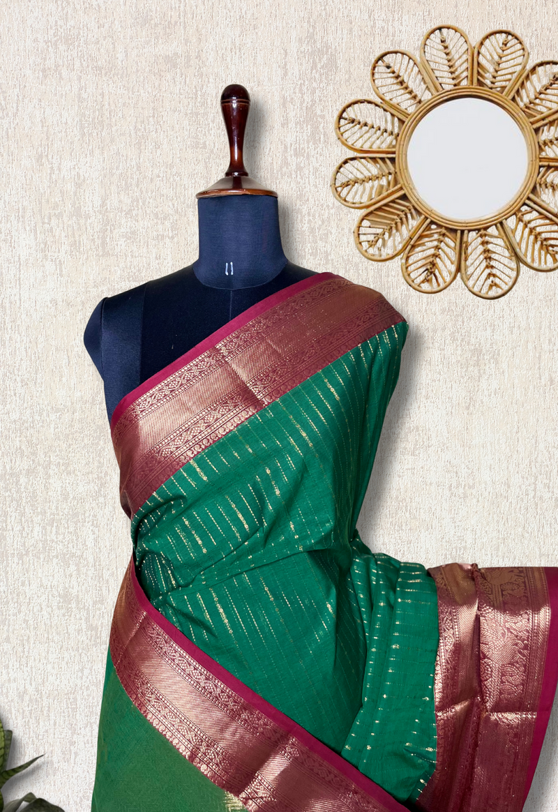 Kanchi Cotton Saree -  Deep Sea Green + Dark Wine