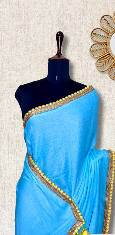 Handcrafted Cotton Saree - Sky Blue+ Lemon Yellow