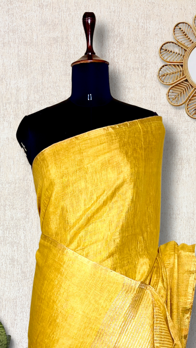 Handwoven Metallic Linen Tissue Saree -  Energy Yellow