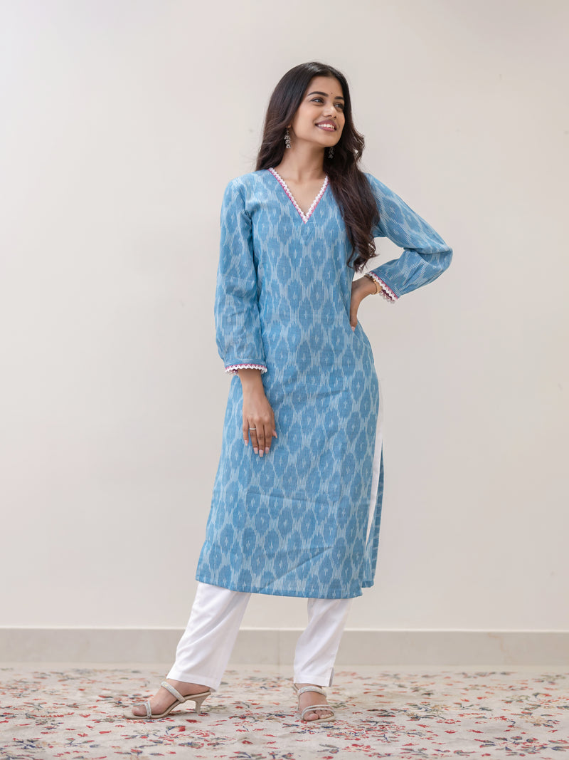 Frosted Vanilla Blue Ikat Handwoven Kurta