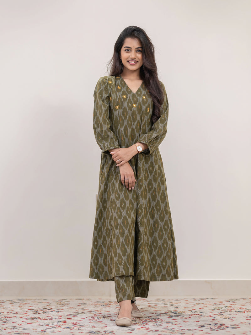 Avocado Hand Embroidered Handwoven Ikat Kalicut Co-ord