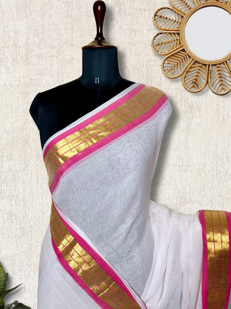 Handwoven Cotton Saree - Seashell white + Hibiscus Pink