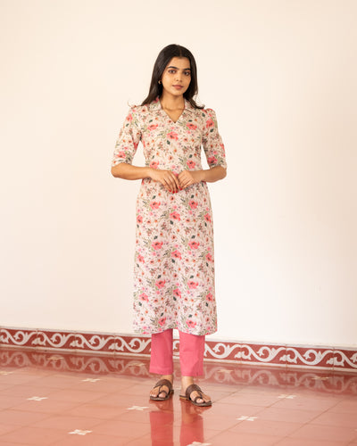 Beige Linen Floral Kurta