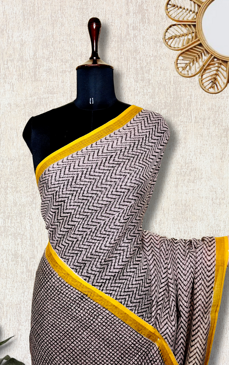 Handblock Printed Kota Doria Saree - Thunder Black + Persian Yellow