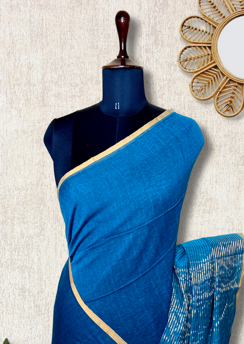 Handwoven Cotton Saree -  Teal Blue + Gold