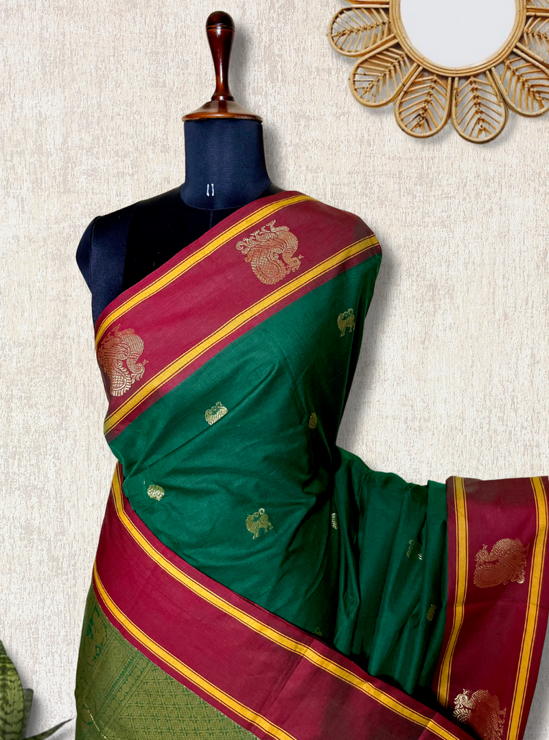 Kanchi Cotton Saree - Bottle Green  + Dark Burgundy