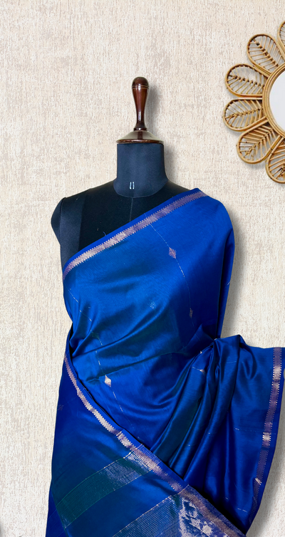 Handwoven Maheshwari Silk Cotton Saree - Cobalt Blue