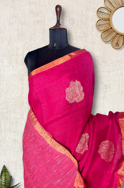 Handwoven Linen Saree - Rose Pink + Zari