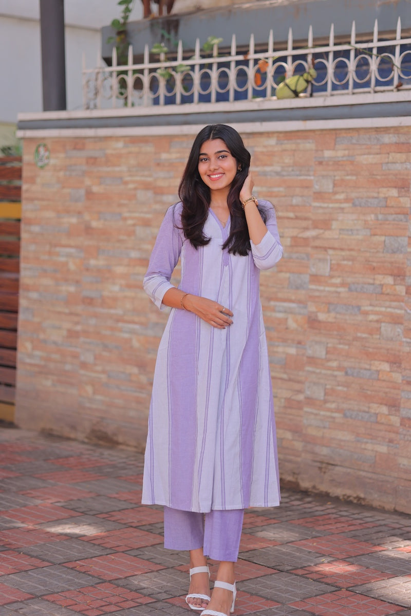 Lavender Breeze Handloom A-Line Kurta Set