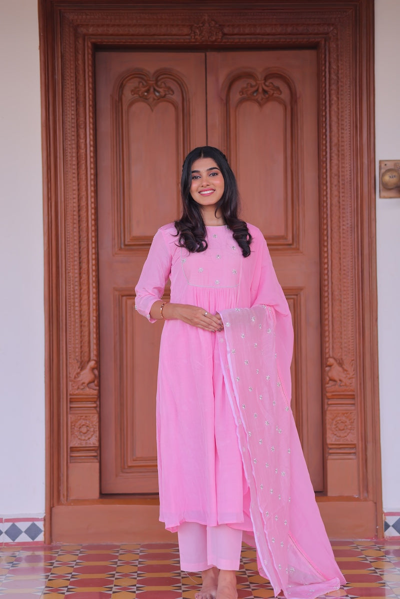 Pink Lychee Embroidered A-Line Co-ord Set With Dupatta