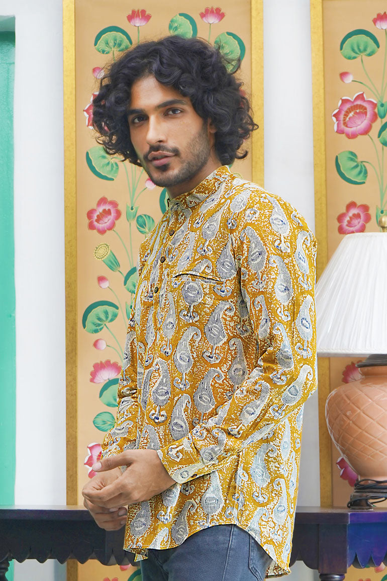 Beige Blue Paisley Dabu Short Kurta