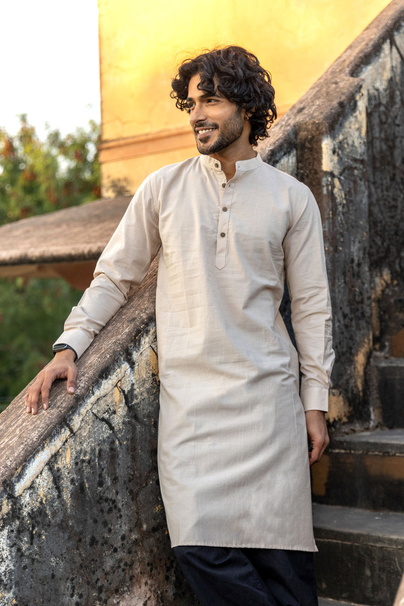 Beige Cotton Long Kurta