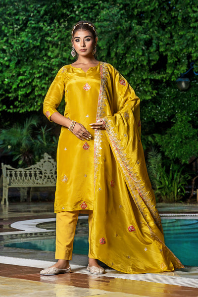 Yellow Tissue Embroidery Kurta Set