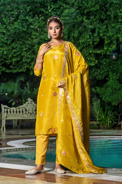 Yellow Tissue Embroidery Kurta Set