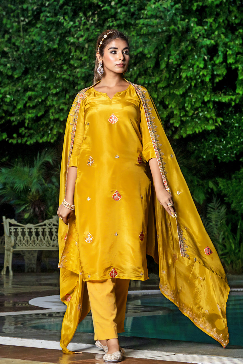 Yellow Tissue Embroidery Kurta Set