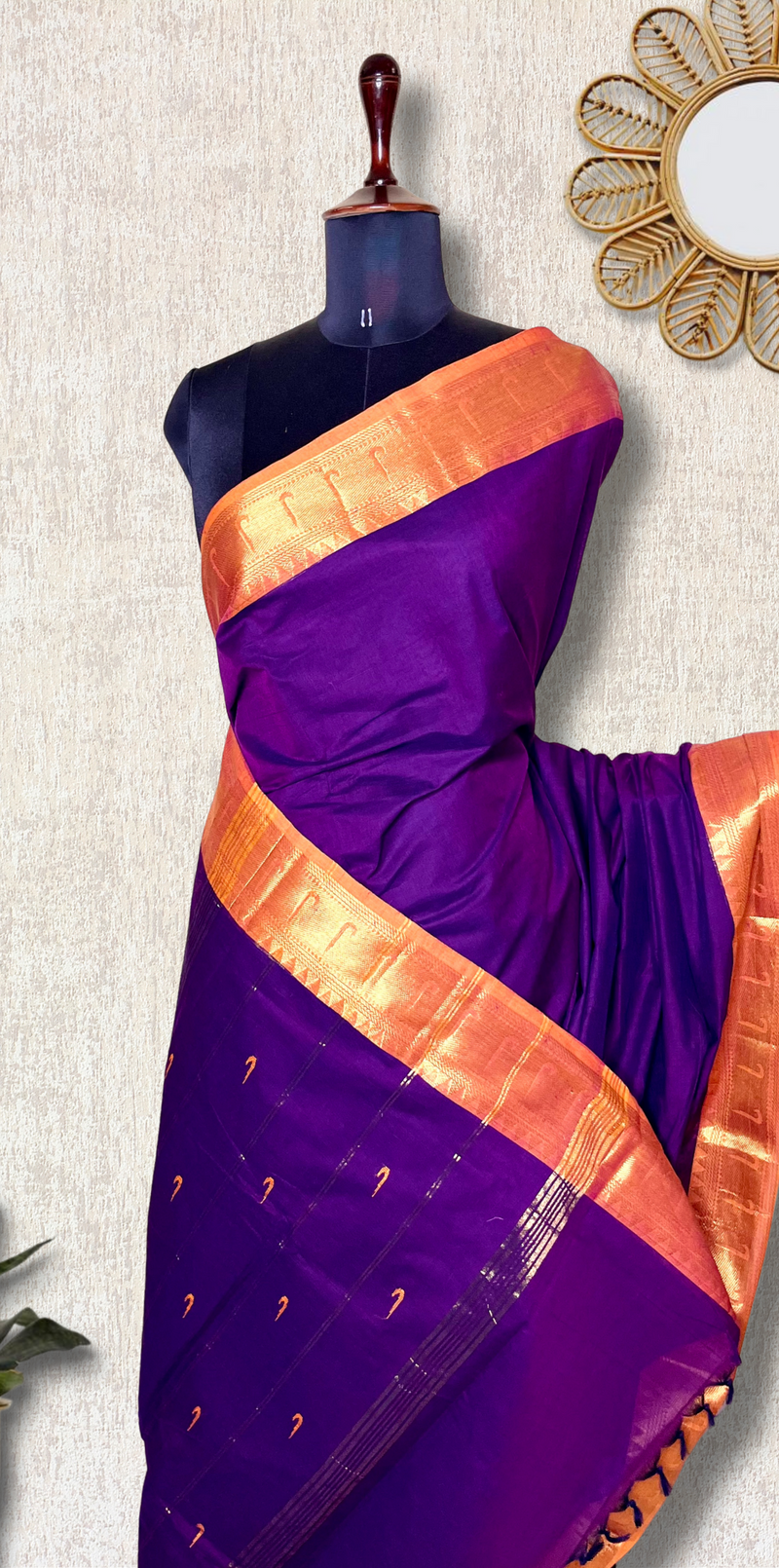 Chettinad Cotton Saree - Pigment Indigo + Rust Orange