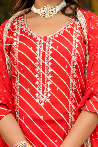 Red Multi Lehariya Kurta Set