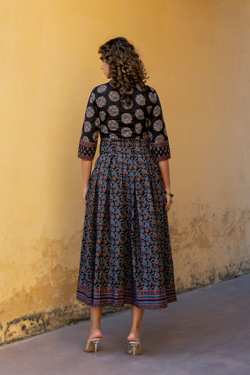 Black Floral Box Pleat Dress