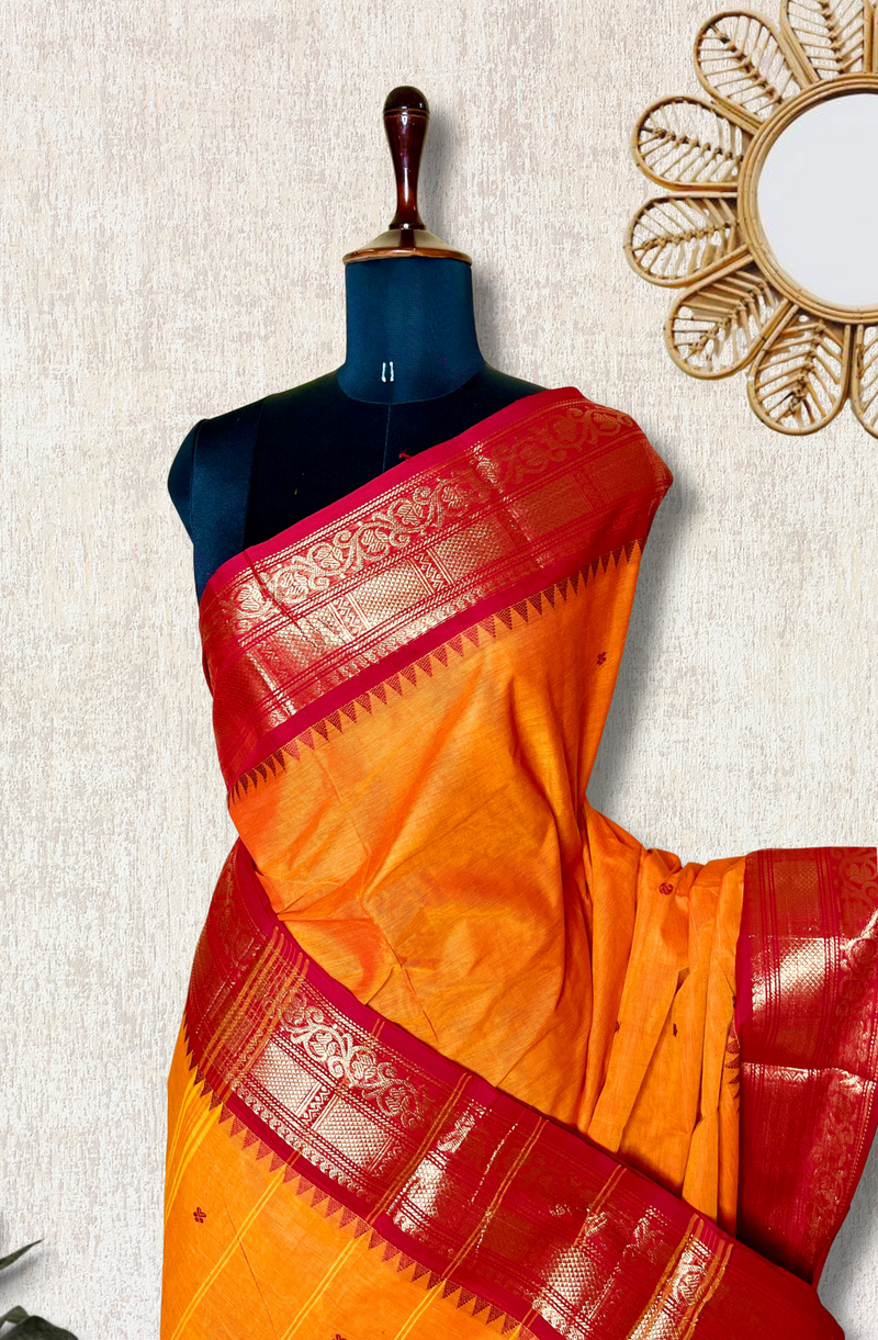 Chettinad Cotton Saree - Pumpkin Orange + Bright Red