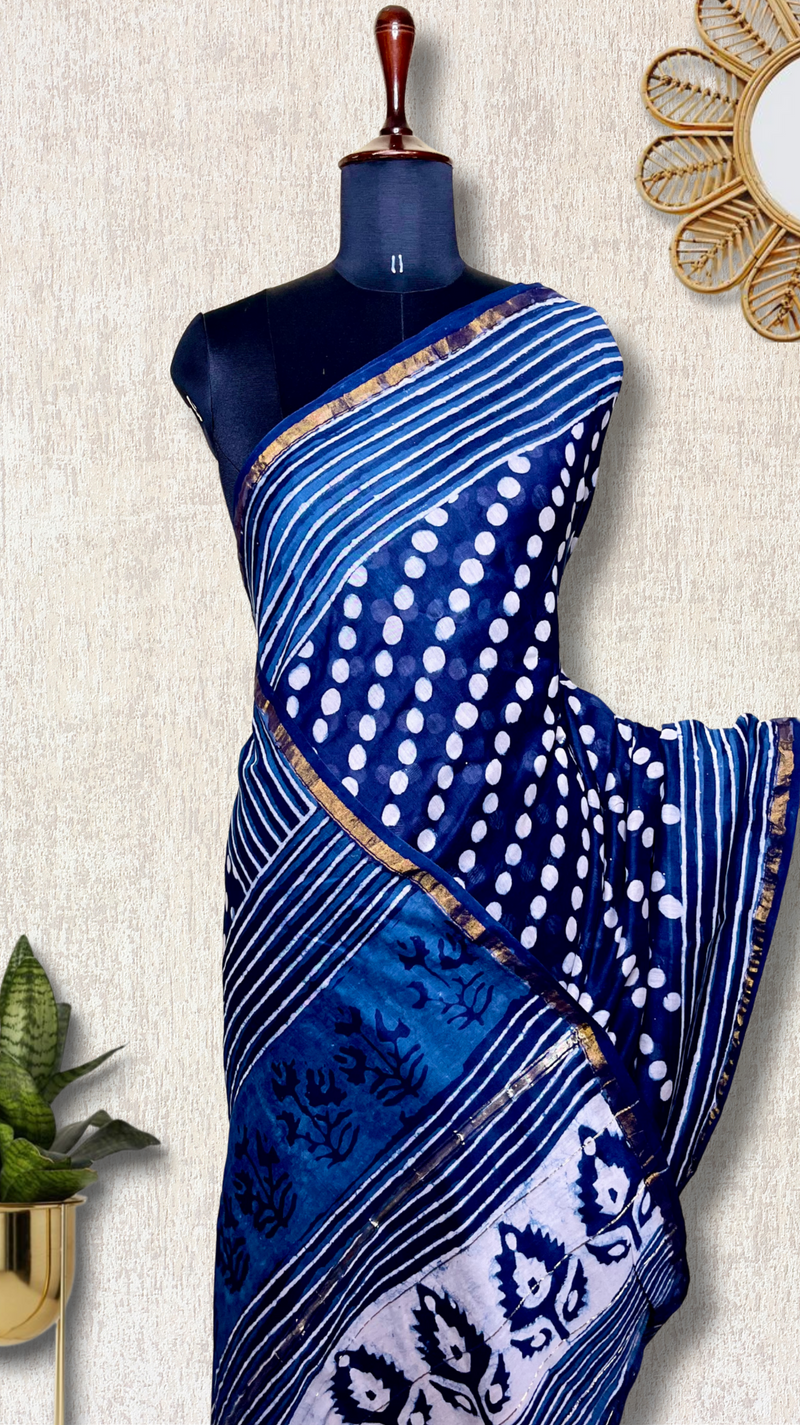 Handblock Printed Silk Cotton Saree -  Deep Sapphire Blue + Merino White