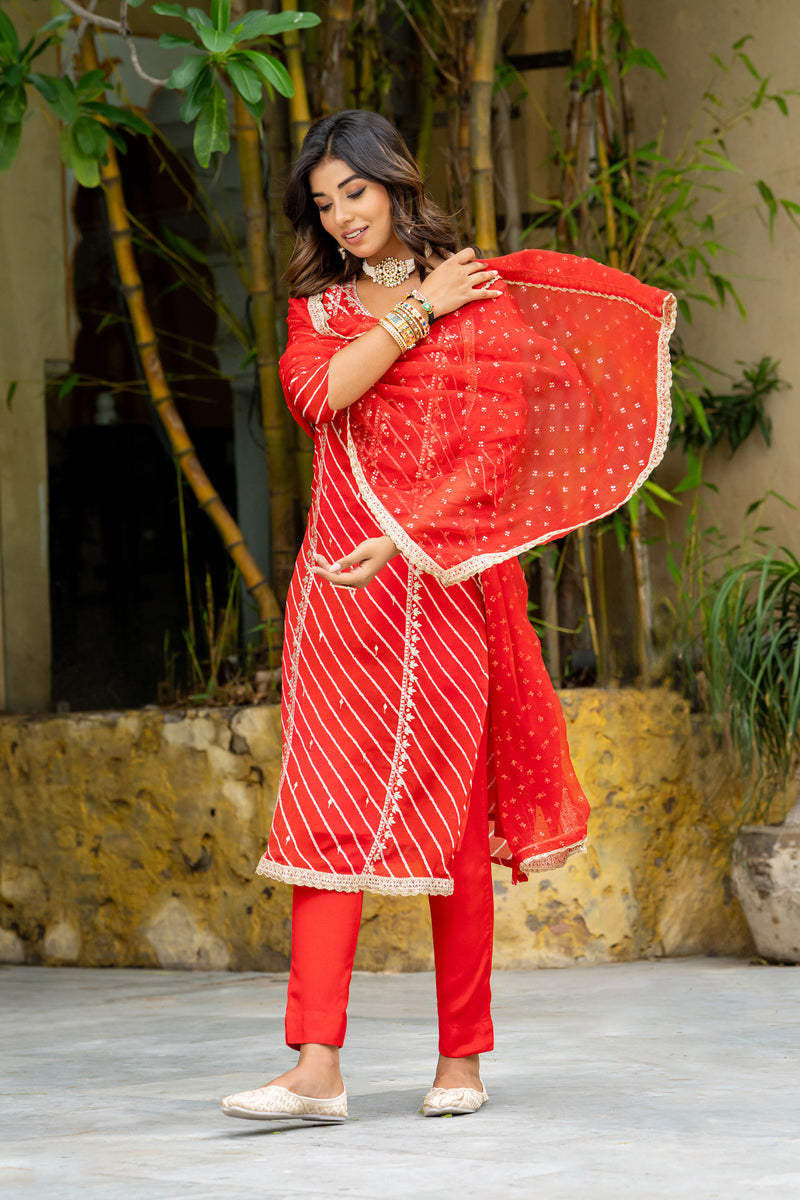 Red Multi Lehariya Kurta Set